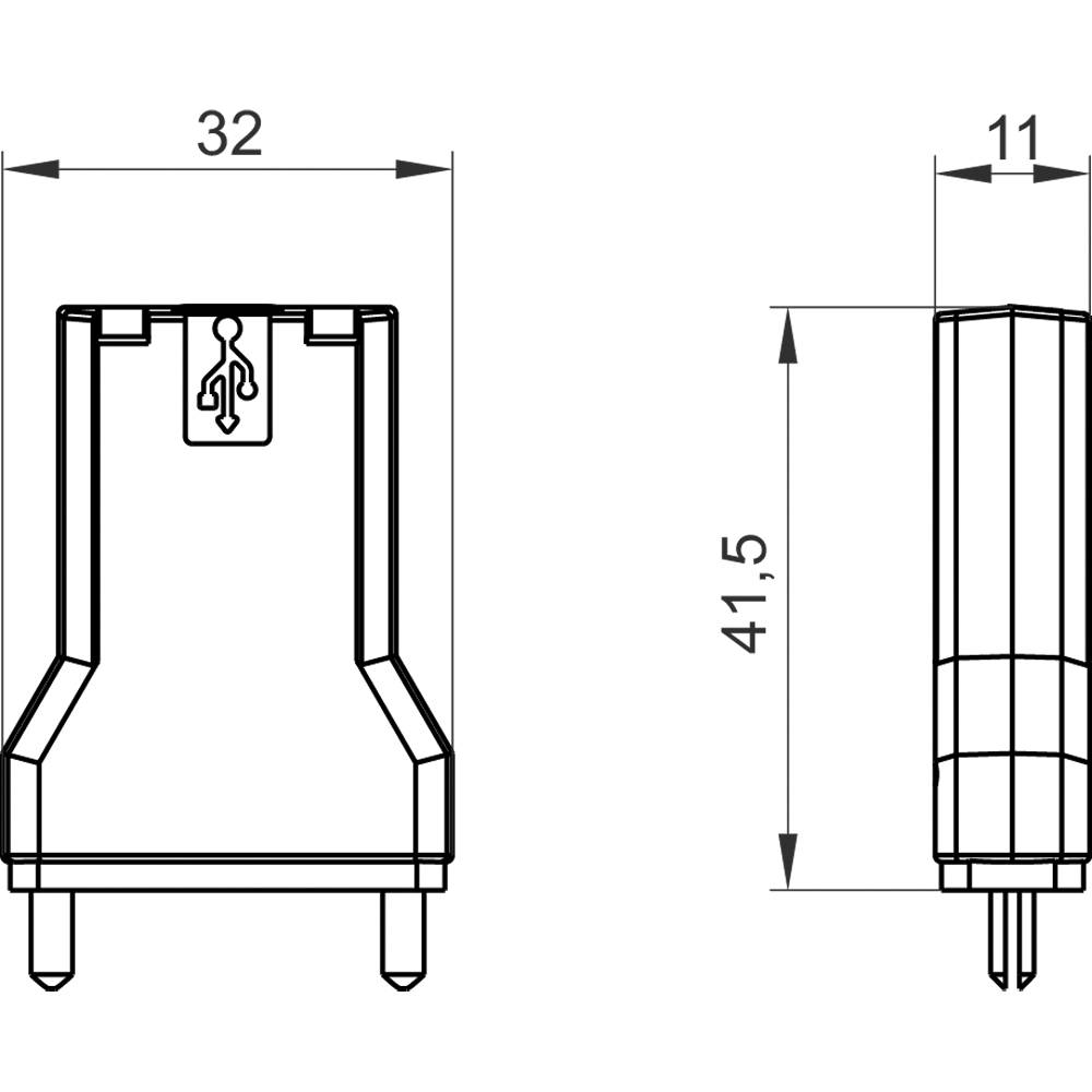 Teknisk tegning af en elektrisk stikforbindelse med dimensioner. Højde 41,5 mm, bredde 32 mm, dybde 11 mm. Retningssymbol øverst.