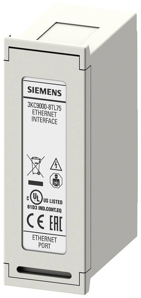 Ethernet-interfacemodul med mærkning 'Siemens 3KC9000-8TL75', inklusive sikkerhedssymboler og certificeringslogoer.