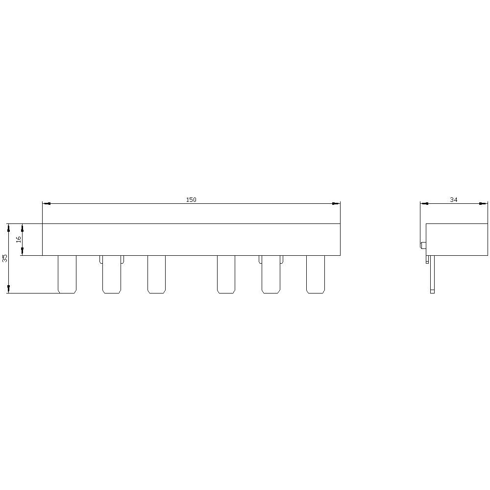 Teknisk tegning af et rektangulært komponent med dimensioner: Længde 150 mm, højde 30 mm, bredde 34 mm. Set forfra og fra siden.