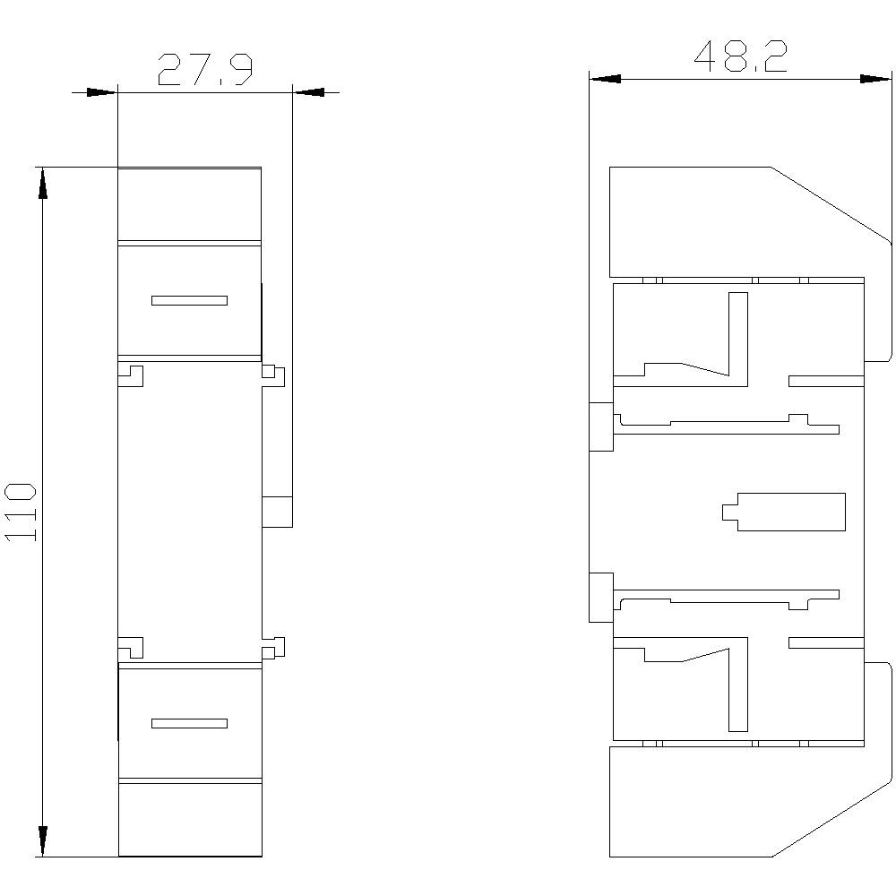 Diagrammet viser en teknisk tegning af et objekt med mål: Højde 110, bredde 27,9 og 48,2, med detaljerede linjer og strukturer.