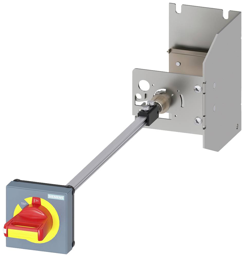 En betjeningshåndtag med en rød kontakt på en gul baggrund, monteret på en metalholder, sandsynligvis til industrielle formål.