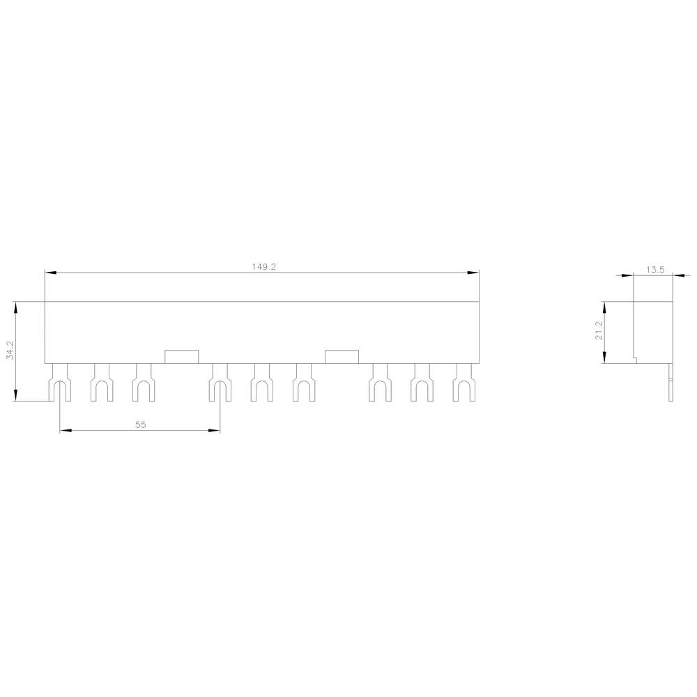 Strektegning af en teknisk komponent med mål: Længde 149,2 mm, Højde 34,2 mm, Dybde 13,5 mm. For- og sidevisning.