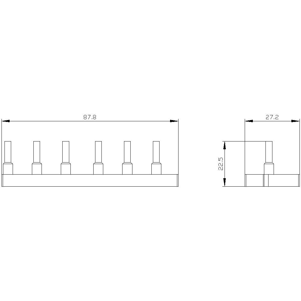 Strukturtegning af et seksdelt stikmoduler med dimensioner: Længde 87,8, Bredde 27,2, Højde 22,5 enheder.