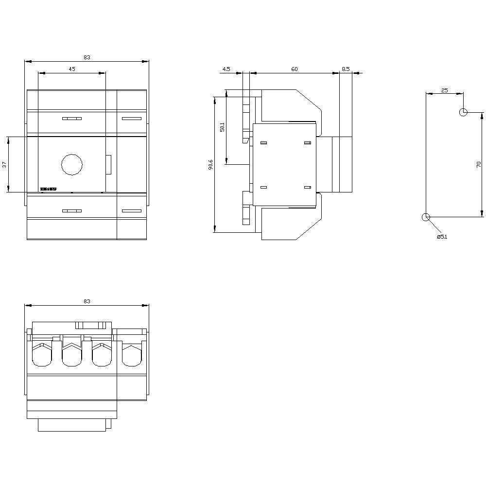 Teknisk tegning af en elektrisk kontakt med front-, side- og topview. Mål angivet i millimeter.