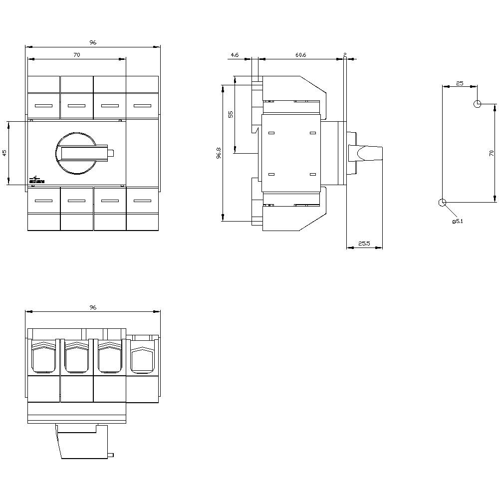 Teknisk tegning af en elektrisk kontaktblok med dimensioner i millimeter. Viser front-, side- og topvisning.