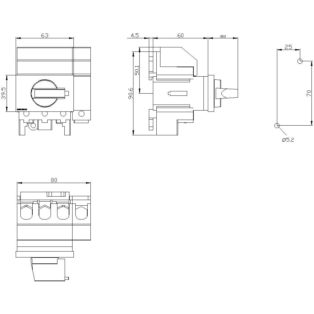 Teknisk tegning af en kontakt med dimensioner: 90,6 mm x 63 mm x 80 mm. Detaljer i side- og frontvisning.