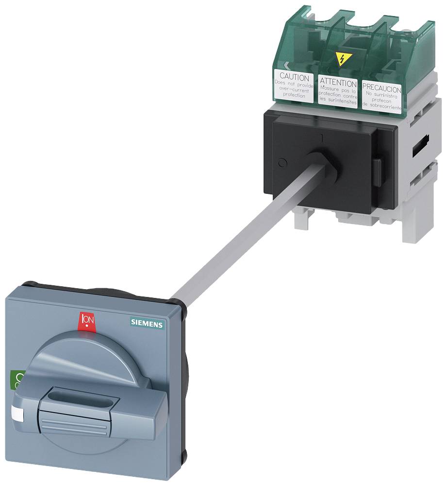 Kontakt med Siemens-logo, forbundet med en sikringsenhed. Mærkater advarer mod elektriske farer.