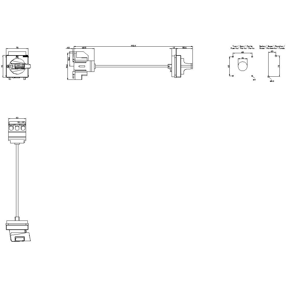 Teknisk tegning af et måleapparat. Detaljer af elektriske diagrammer og mål er vist, herunder front-, side- og planvisning.