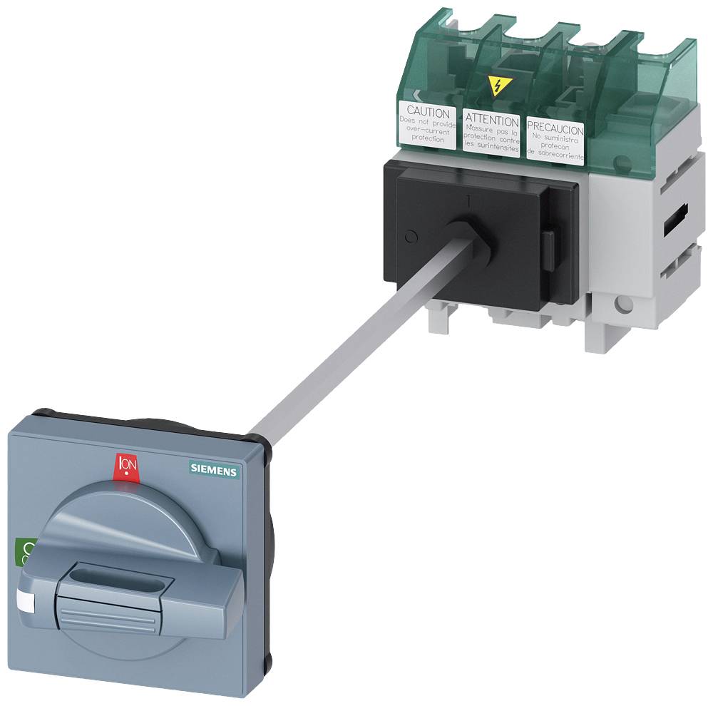 En elektrisk kontakt fra Siemens med advarselsmærkater og grønne, gennemsigtige afdækninger.
