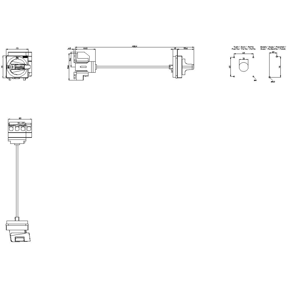Teknisk tegning af en mekanisk komponent med forskellige visninger og mål. Viser detaljer og proportioner.