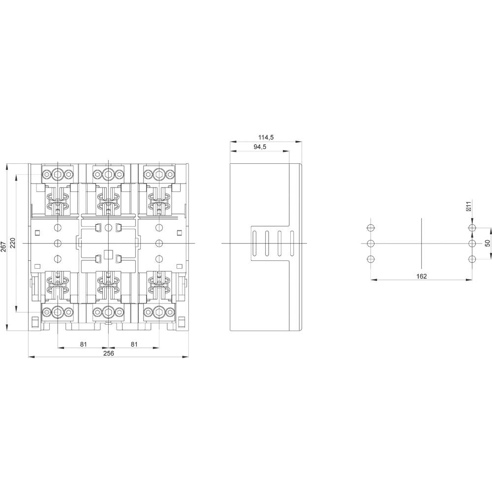 Teknisk tegning af en elektrisk komponent med dimensioner i millimeter: Bredde 256, højde 200, dybde varierende. Indeholder topview og sideview.