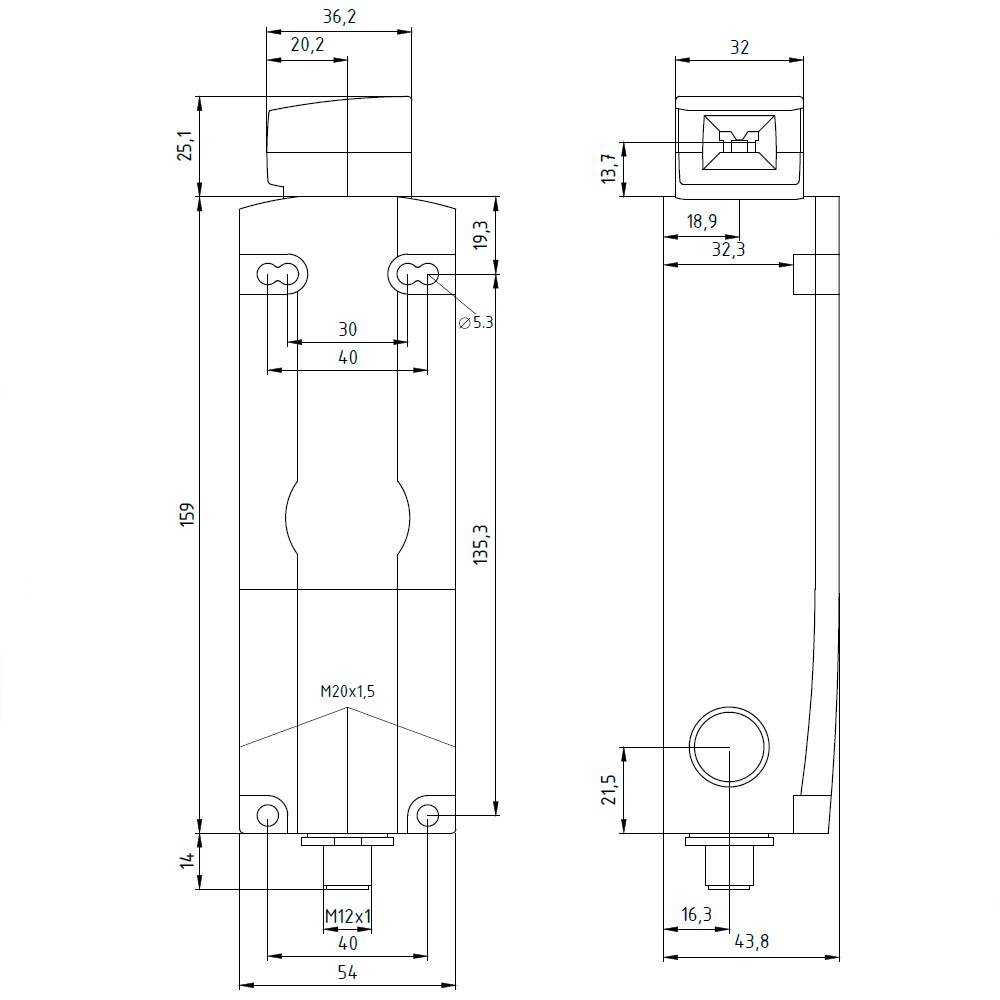Teknisk tegning af en cylindrisk holder med dimensioner, set oppefra og fra siden. Målangivelser i millimeter.
