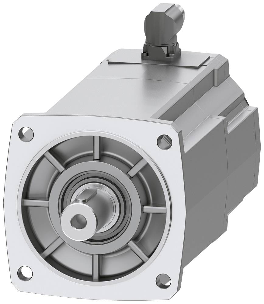 Elektrisk servomotor i sølvfarvet metaldesign med flange og central kabeltilslutning øverst.