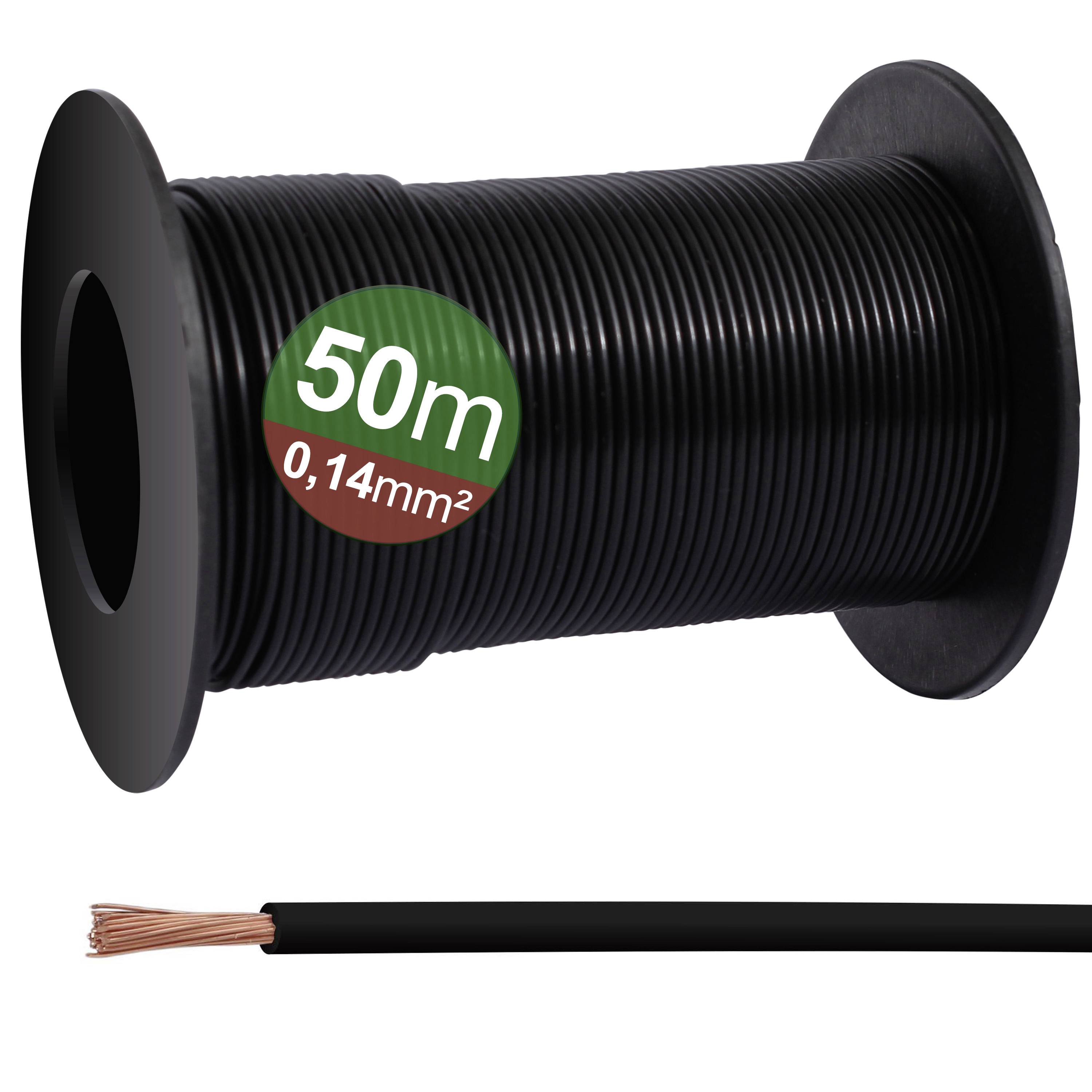 Sort kabelrulle med 50 meter ledningskabel, 0,14 mm² tværsnit. Egnet til elektriske installationer og projekter.
