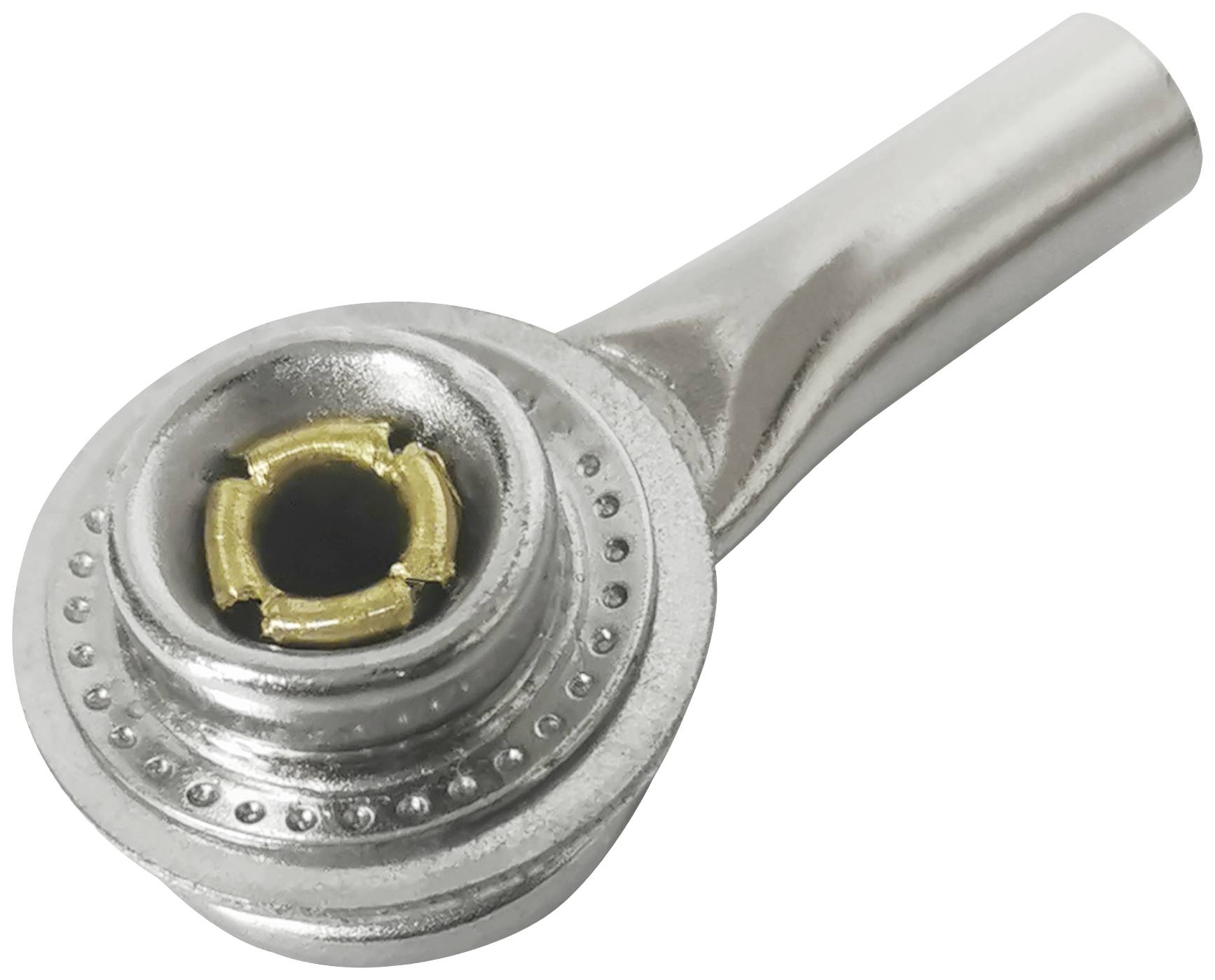 Sølvfarvet metalhardware-komponent med cirkulær og røragtig ende, muligvis en del af et mekanisk eller industrielt system.