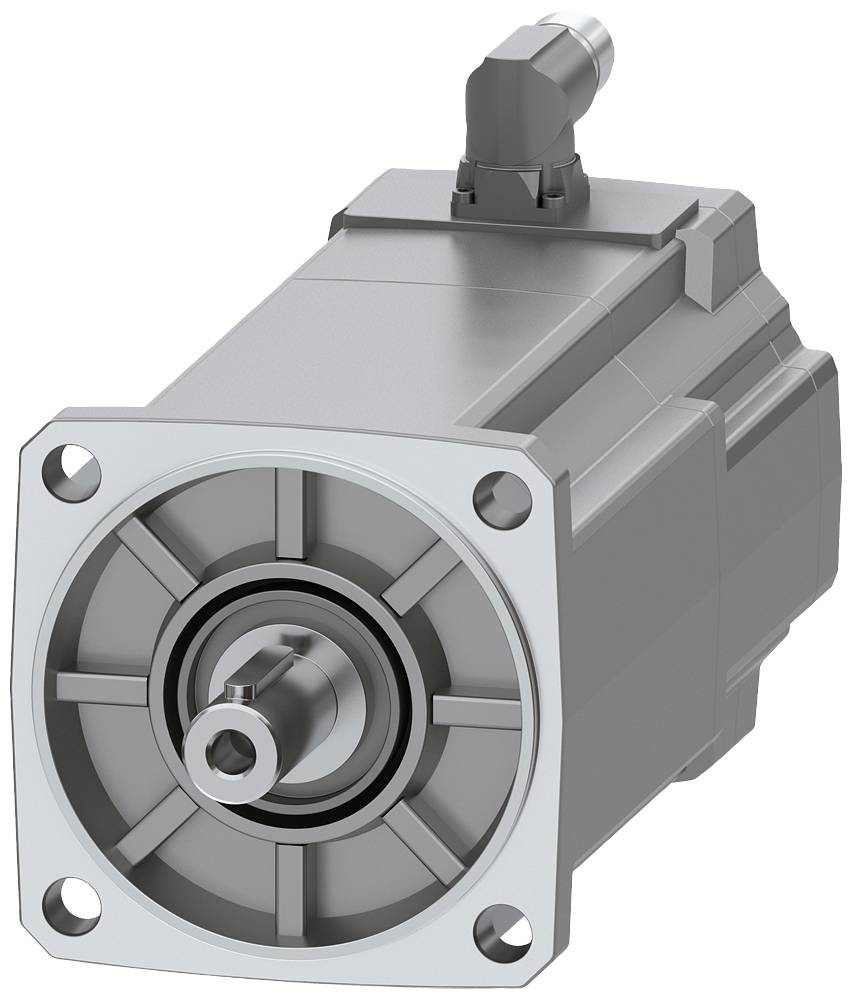 En metalisk elektromotor i cylindrisk form med firkantet frontplade og tilslutning øverst. Industrielt apparat til maskindrift.