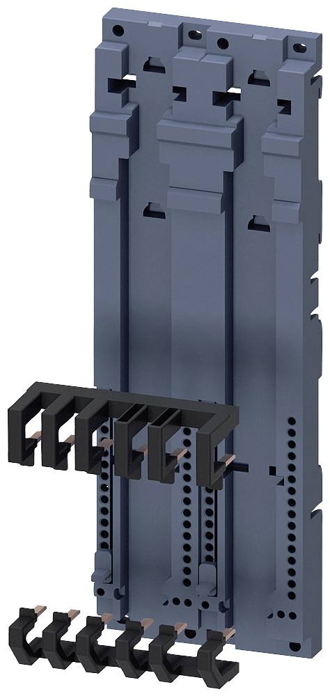 Et grå elektrisk installationsenhed med flere sorte tilslutningsklemmer i en lodret arrangement.