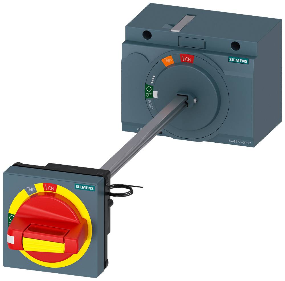 En skaktkasse med to kontakter: rød-gul og sort. Kontakterne viser 'ON', 'OFF' og 'TRIP'-tilstande. Siemens-logo synlig.