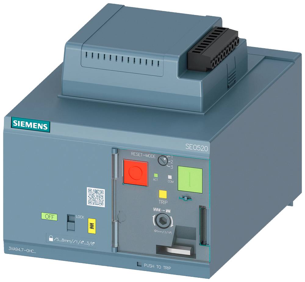 Et Siemens effektafbrydelsesmodul med forskellige knapper og tilslutninger, herunder en reset-knap og en TRIP-afbryder.