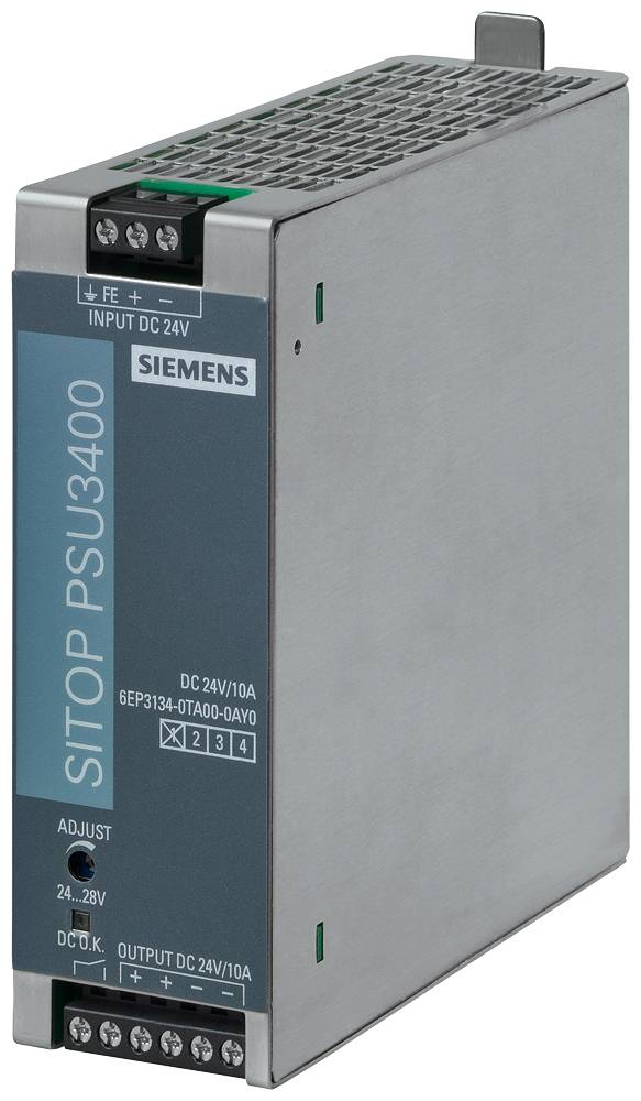 Billedet viser en Siemens SITOP PSU3400 switchet strømforsyning. Den leverer 24V DC/10A udgangsspænding og understøtter 24-28V DC indgangsspænding.