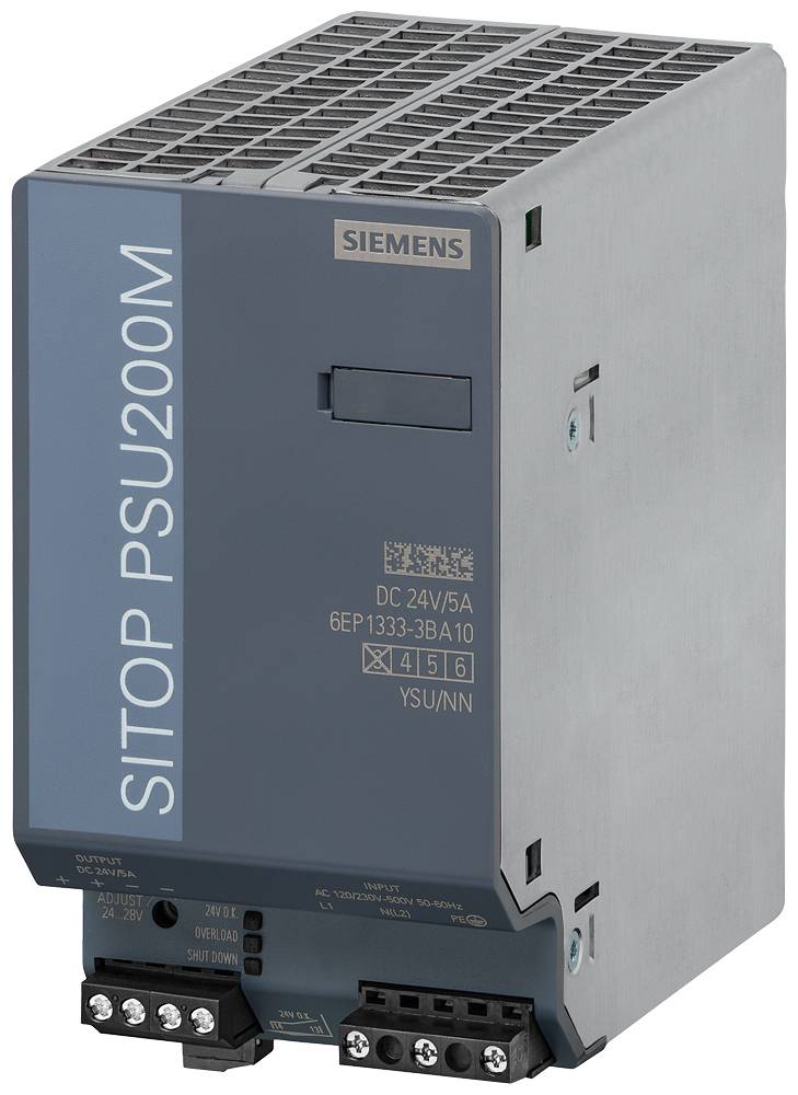 'SITOP PSU200M' switchmode strømforsyning fra Siemens, vist fra siden. Den leverer jævnstrøm på 24V og 5A.