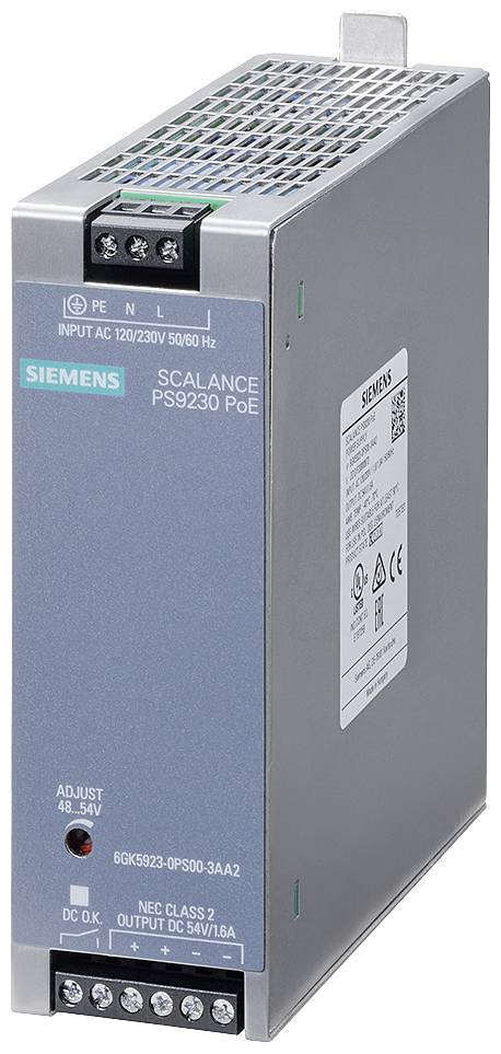 Et strømforsyningsmodul fra Siemens, model SCALANCE PS9230 PoE, til spænningsforsyning af enheder, med flere tilslutninger øverst og nederst.