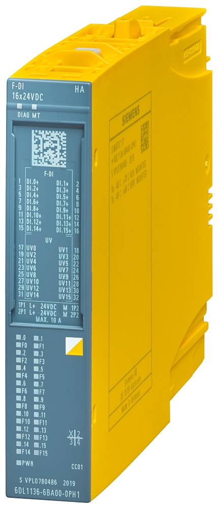 Gult, rektangulært elektronisk modul med blå tekst og Siemens-logo, bruges til industriel automatisering.