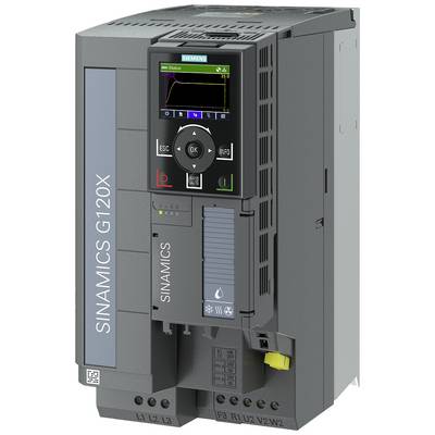 En Siemens SINAMICS G120X frekvensomformer, grå, med digitalt display og betjeningselementer på forsiden. Egnet til motorstyringapplikationer.