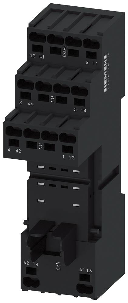 Sort elektronisk relækomponent med flere stikforbindelser øverst og en løftestang i midten, egnet til industrielle anvendelser.