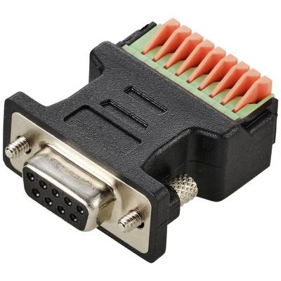 En sort DB9-stikadapter med røde klemmetilslutninger, bruges til forbindelse af serielle enheder.
