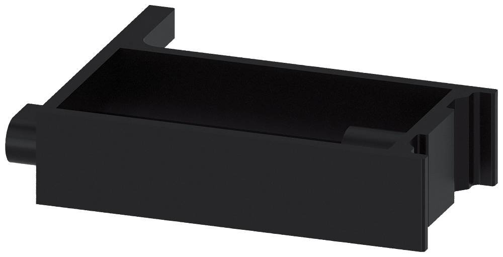 Sort rektangulær kasse, åben bagtil, med afrundet kant til venstre.