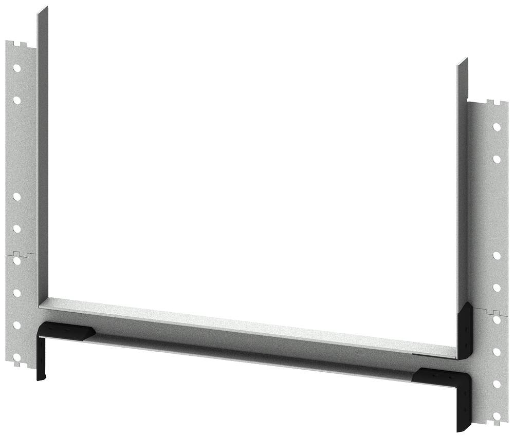 Metalramme med rektangulær åbning, monteringselementer på siderne og sort nedre kant, sandsynligvis en komponent.