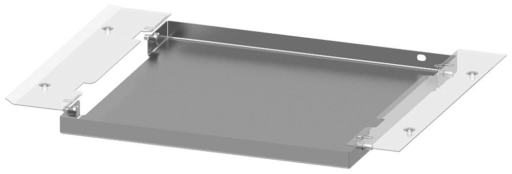 Metallisk vinkelplade med transparente plastikstrimler monteret på siderne og skruehuller til fastgørelse.
