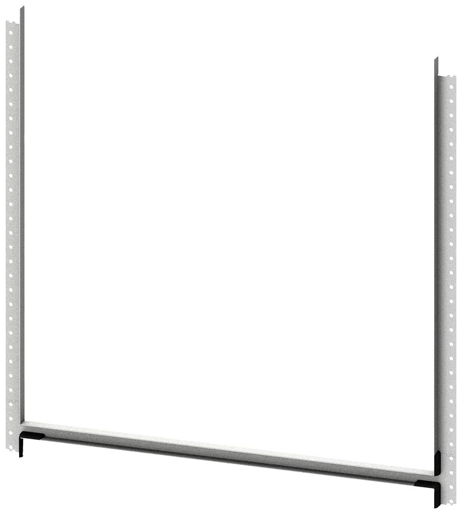 Stålramme med perforerede skinner, sandsynligvis til brug ved bygning eller montering af hylder eller lignende konstruktioner.