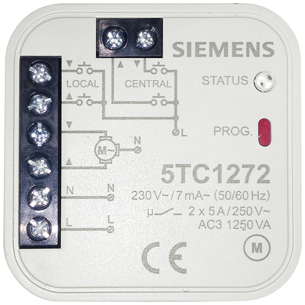 Elektrisk enhed med Siemens-logo, el-diagram og tekniske specifikationer: 230V, 5TC1272, 2x5A/250V, Status- og Prog-taster.