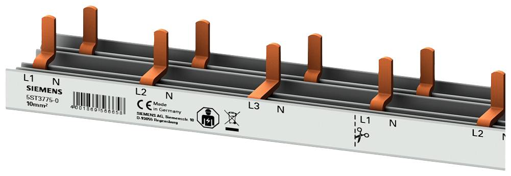 Strømskinner fra Siemens med orange lederpinde, mærket med 'L1', 'L2', 'L3' og 'N'. Egnet til elektriske installationer.