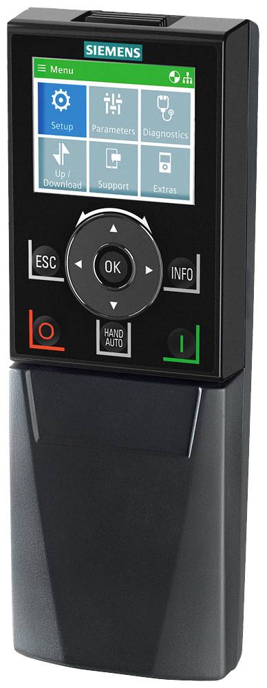 Bærbart styringsapparat fra Siemens med display og taster til betjening af maskiner. Valgmuligheder: 'Opsætning', 'Parametre', 'Diagnostik'.