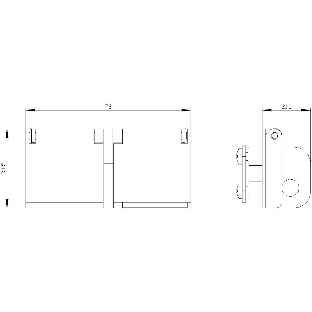 Teknisk tegning af et hængselbånd. Viser dimensioner: Bredde 72 mm, højde 34,5 mm, sidevisning 21,1 mm.