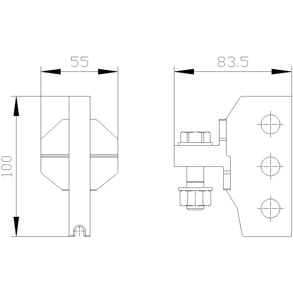 Teknisk tegning af en komponent med to visninger, viser dimensioner: 55 mm bred side, 100 mm højde, 83,5 mm dybde.