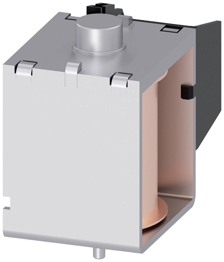 Et rektangulært, metallisk komponent med et cylindrisk element indvendigt. Bruges som teknisk eller elektronisk modul.