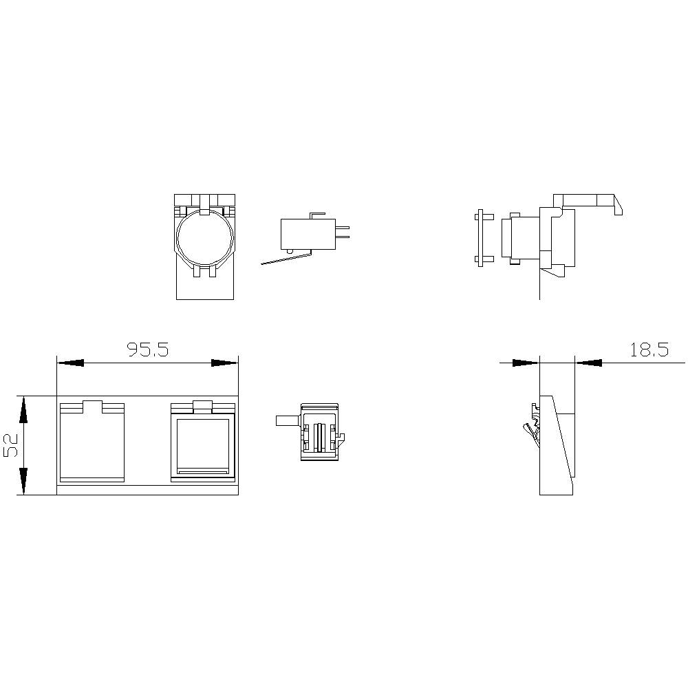 Teknisk tegning af en komponent. Indeholder front-, top- og sidevisninger med dimensioner: 95,5 mm bredde, 52 mm højde, 18,5 mm dybde.