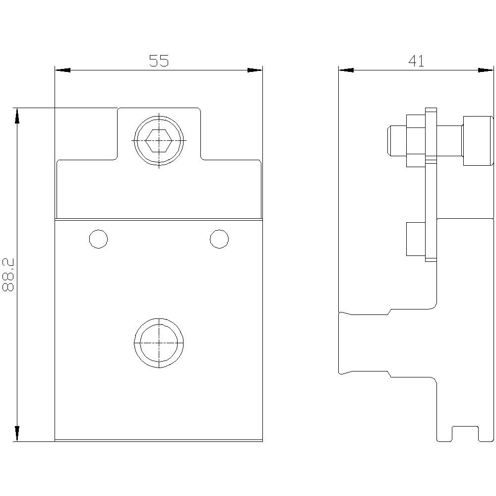 Teknisk tegning af en komponent med dimensioner: Højde 88,2 mm, bredde 55 mm og dybde 41 mm. Side- og frontvisning.