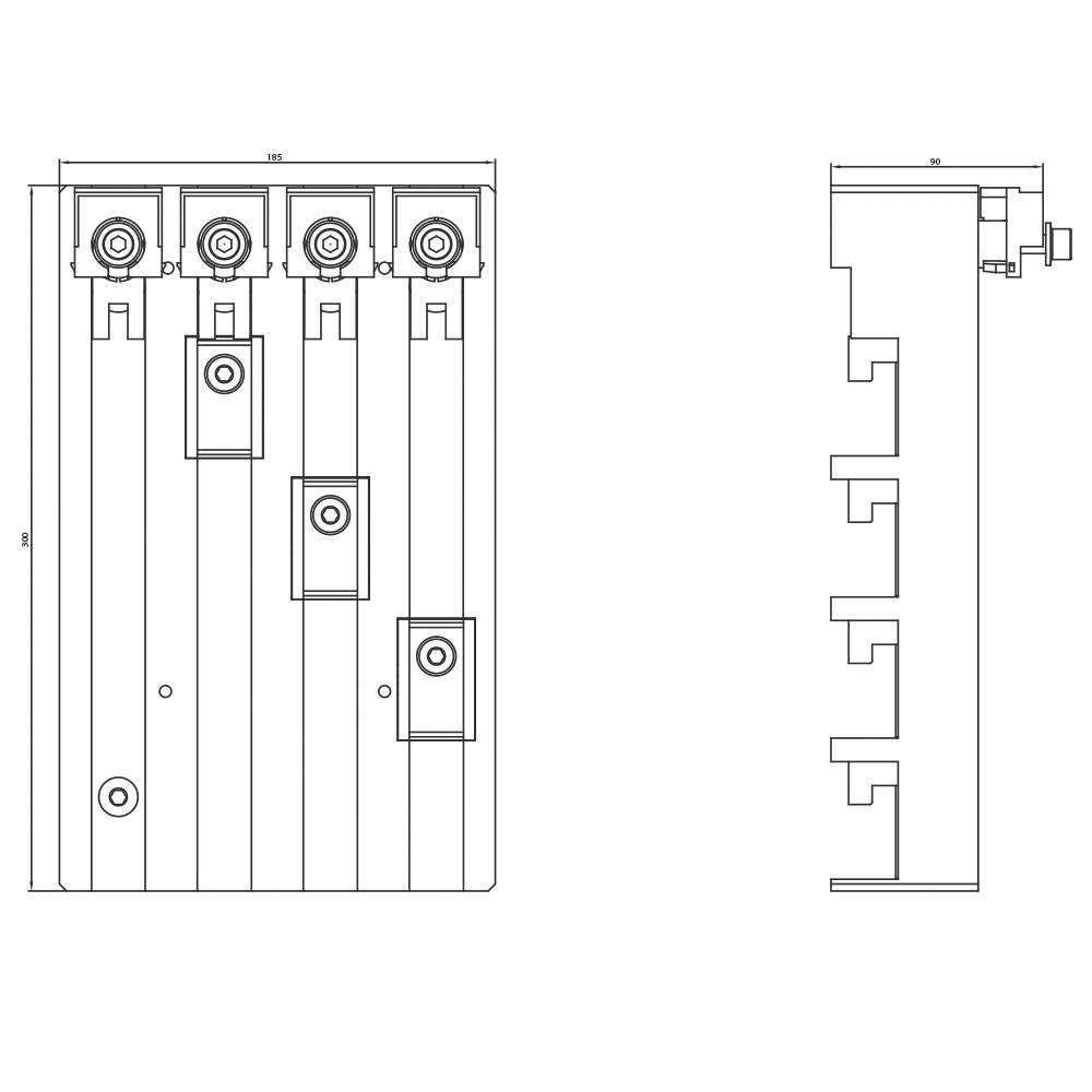 Teknisk tegning af et elskab, forfra og fra siden. Viser mål og positioner for komponenter til installation.