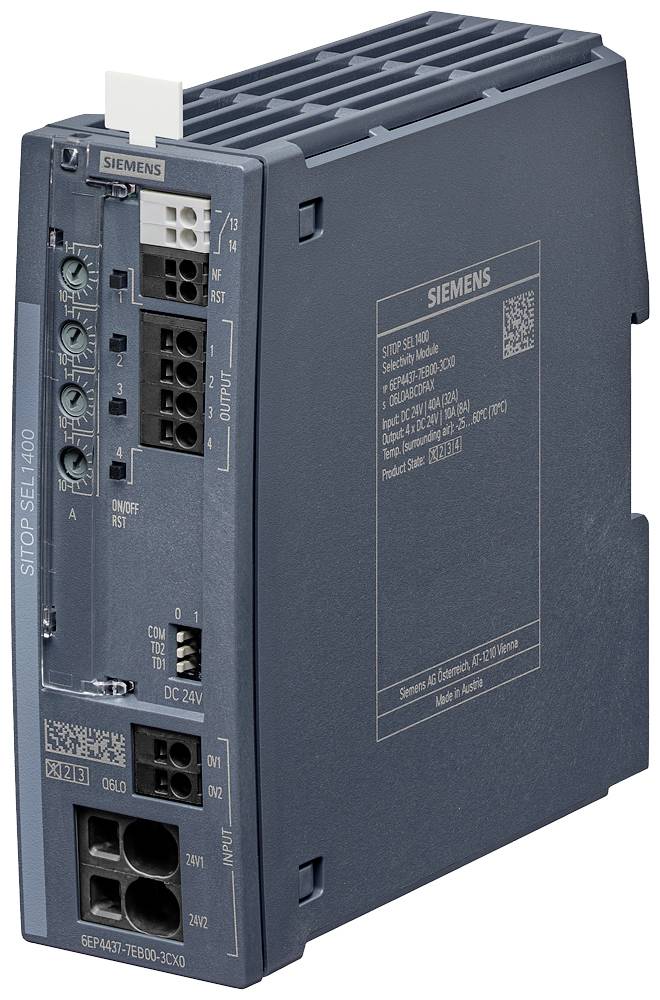 Strømforsyning Siemens SITOP SEL1400, mørkegrå kabinet, tilslutninger i siden, produktdata trykt på enheden.