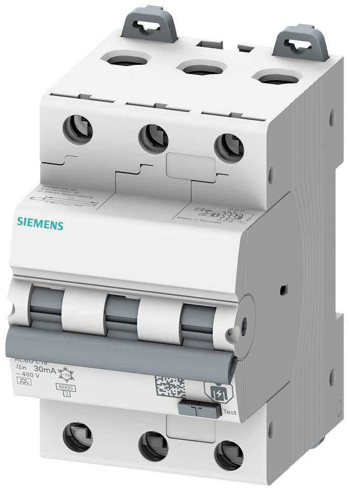 En trepolet sikringsafbryder fra Siemens, bruges til sikring af elektriske ledninger, med et hus lavet af grå plast.