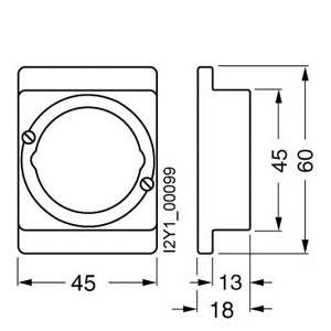 Diagram over en elektrisk stikkontakt med dimensioner: 45x45 mm, ydre mål 60x45 mm, dybde 13 mm, samlet dybde 18 mm.