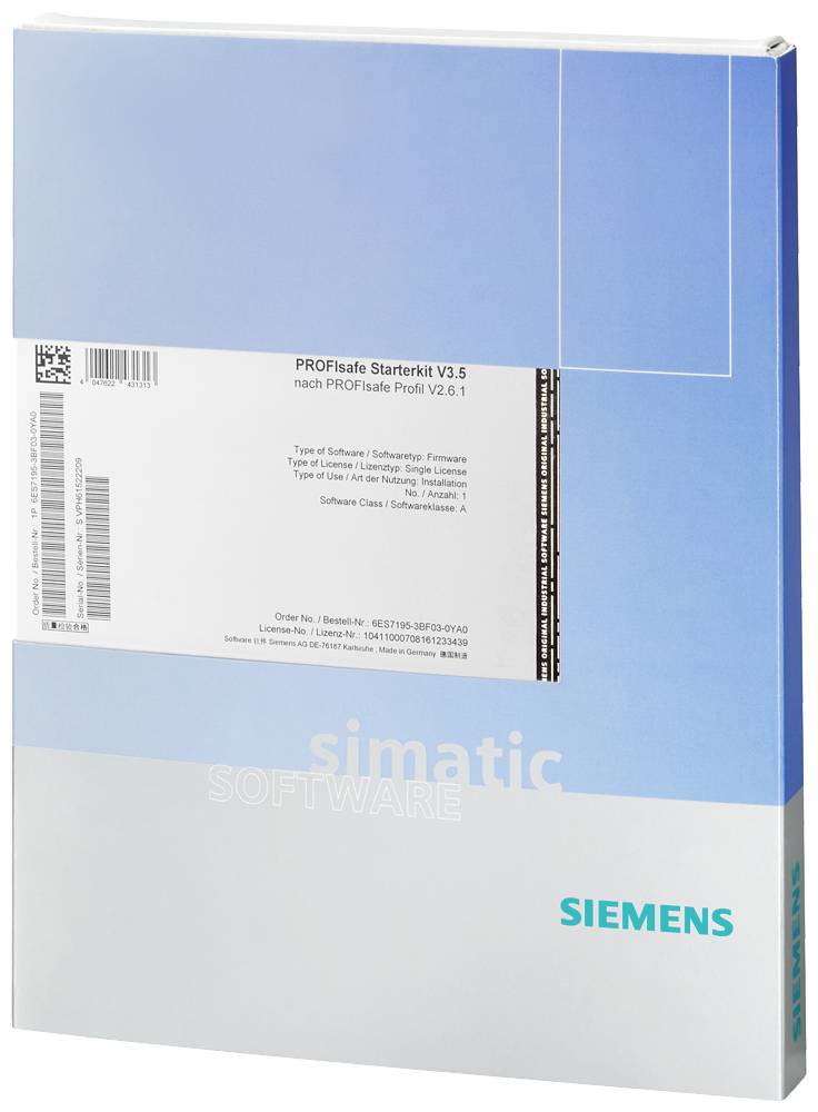 Softwarepakke mærket 'siemens simatic software'. Indeholder 'PROFIsafe Starterkit V3.5' og 'PROFIsafe Profil V2.6.1'.