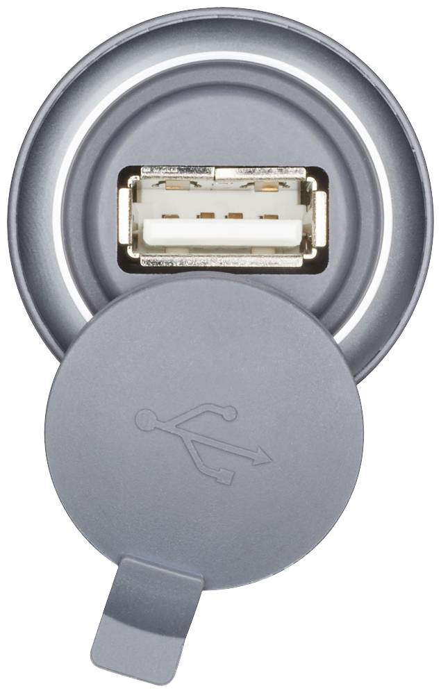 En sølvfarvet USB-port med et åbent plastlåg, der bærer et USB-symbol.