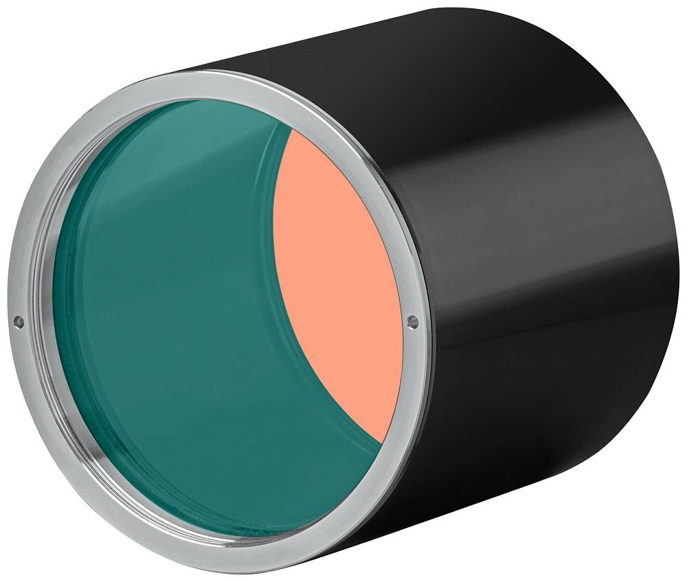 Et sort, cylinderformet objekt med en transparent, blå åbning og et orange indre rum.