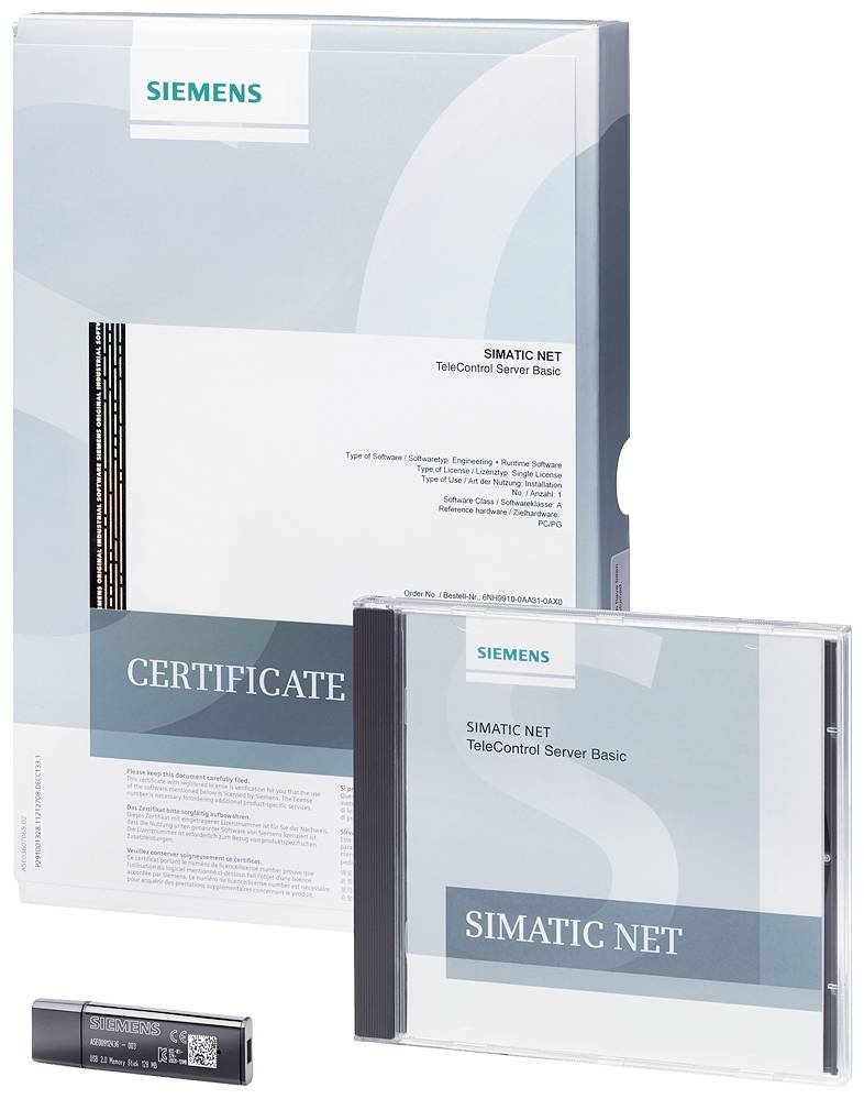 Siemens SIMATIC NET TeleControl Server Basic softwarepakke, bestående af en æske, et certifikat og en CD-omslag.